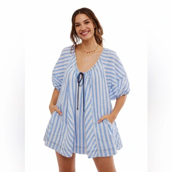 Free People Bop Around Romper Blue and White Striped - Picture 1 of 6